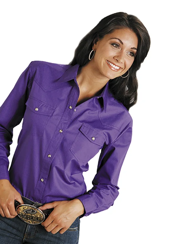 New Markdowns Roper Womens Purple 100% Cotton L/S Solid Poplin Snap L/S Western Shirt