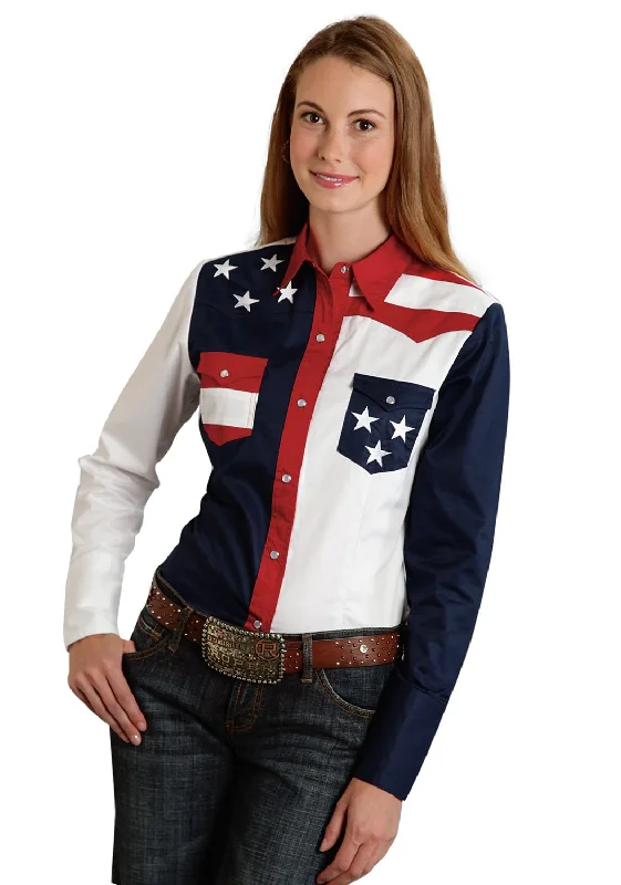 Bargain Alert Roper Americana Ladies Blue 100% Cotton L/S Colorblock Western Shirt