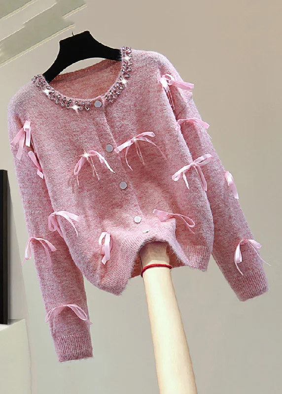The Best Deal Italian Pink O-Neck Zippered Bow Cotton Knit Sweaters Winter