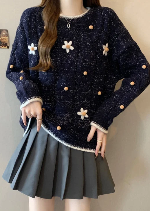 Special Buy Fitted Navy O-Neck Embroidered Knit Short Sweater Winter
