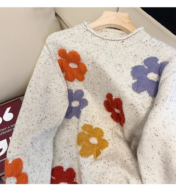 TIME-Limited Offer Sweet flower embroidered round neck sweater jacket for women    S4917
