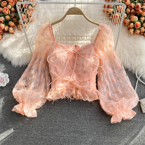 Best Choice Cute tulle puff sleeve short tops crop tops    S591