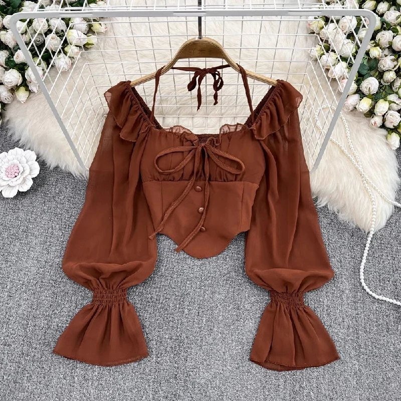 Unbeatable Deal off-shoulder halterneck bell-sleeved shirt for women, fashionabl irregular short top S4131 Unbeatable Deal off-shoulder halterneck bell-sleeved shirt for women, fashionabl irregular short top S4131