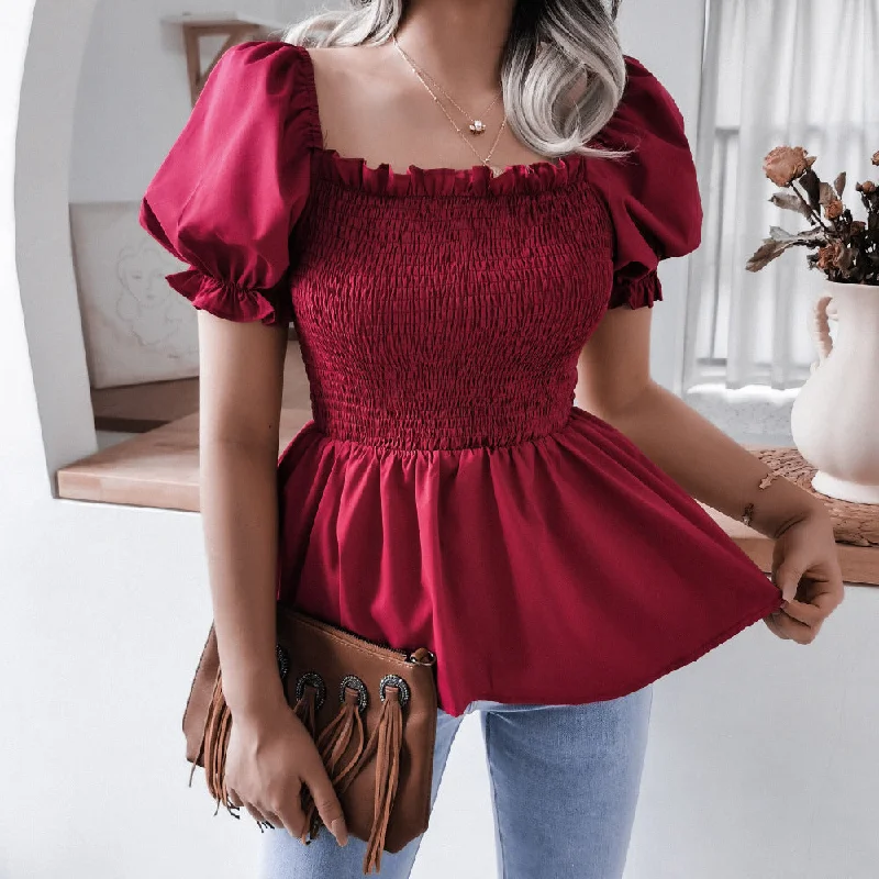 Weekend Steals Await Solid Color Casual Lantern Sleeve Ruffled Elasticity Design Blouse Wholesale T Shirts Womens Tops