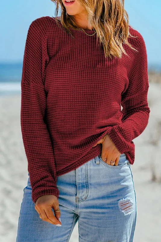 Weekend Deals That Dazzle Khaki Waffle Knit Casual Drop Shoulder Long Sleeve Top