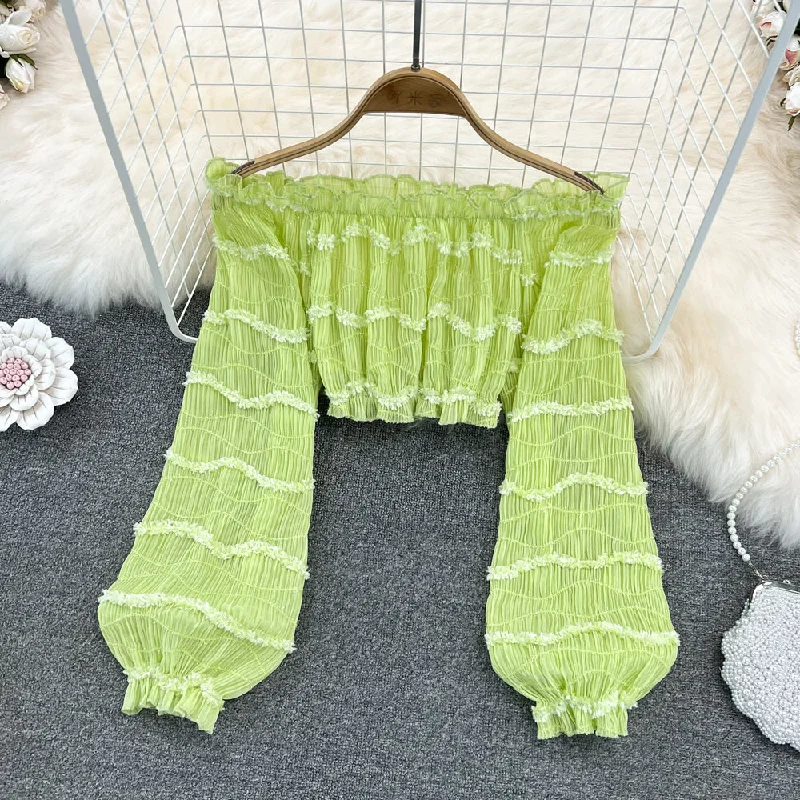 Special Buy Cute Ruffled Ruffled Lantern Sleeve Chiffon Shirt Cropped Top    S197
