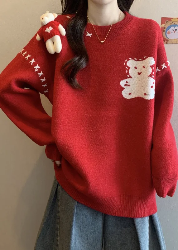 Limited Time Discount Unique Red O Neck Cartoon Patchwork Knitted Sweaters Winter
