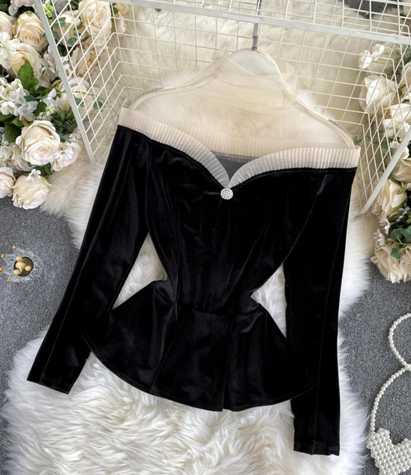 Early Access Stylish velvet tops long sleeve see through tops    S2534