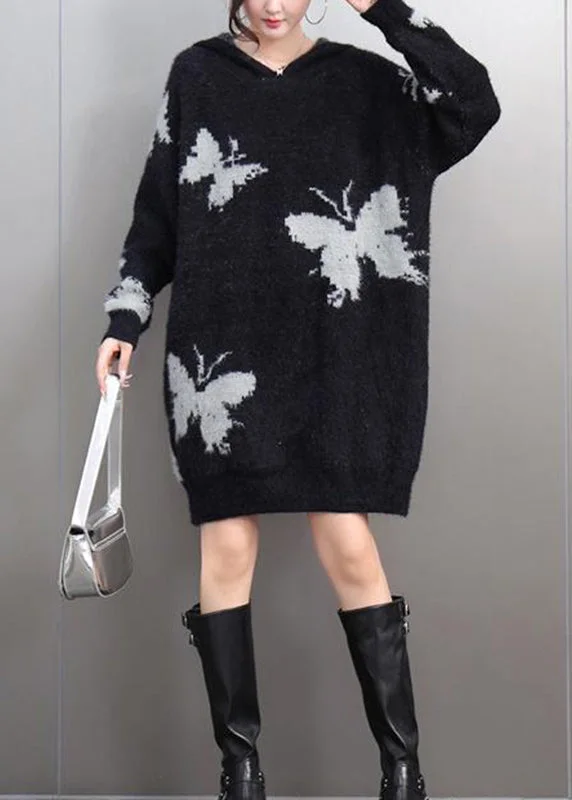 Seasonal Sale Women Black V Neck Thick Print Cotton Knit Sweaters Winter