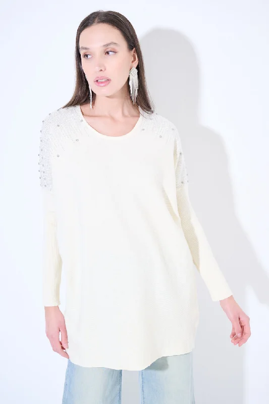 Weekend Offers That Excite Embellished long-sleeve tunic sweater wholesale