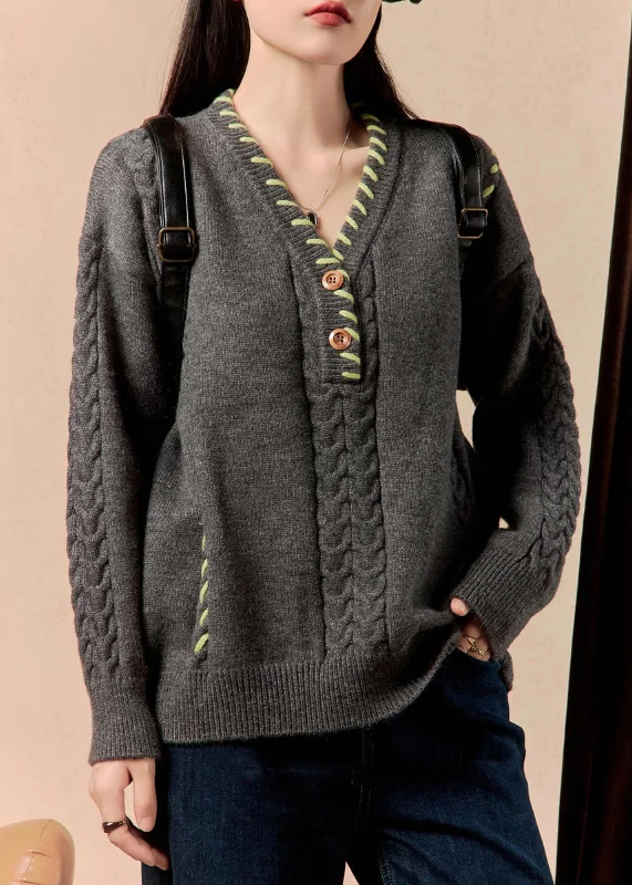 Weekend Deals That Please Vintage Dark Gray V Neck Cable Cotton Knit Sweater Winter