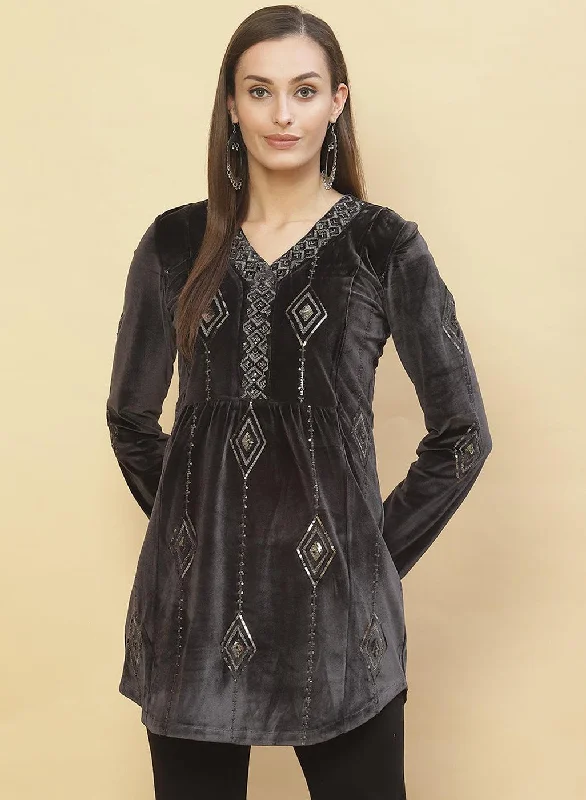 Season Finale Sale Slate Grey Embroidered Velvet Tunic With Sequins