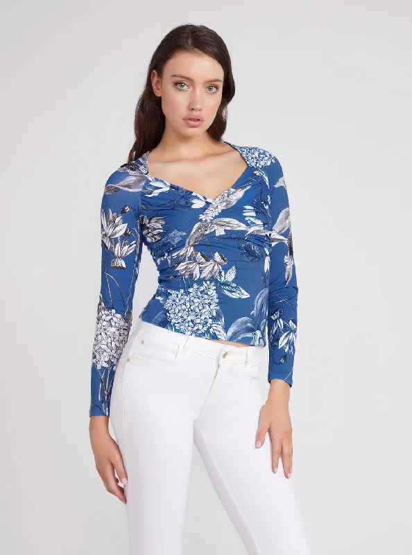 Year-End Clearance Blue Floral Print Dianna Long Sleeve Top