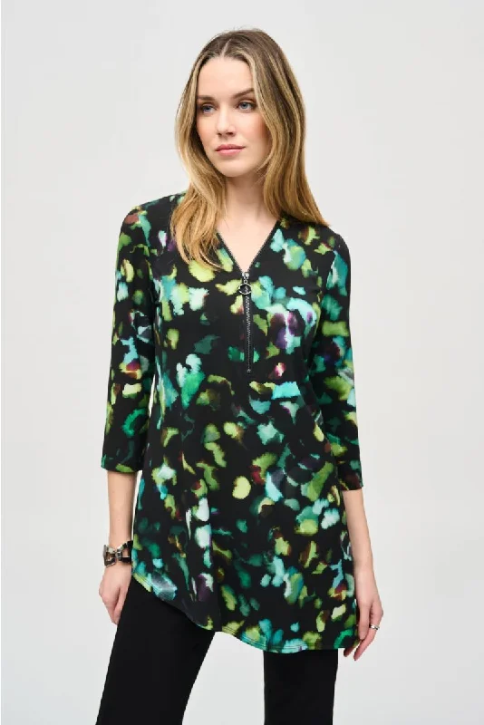 Price Rollback Joseph Ribkoff Black/Multi Watercolor Abstract Print 3/4 Sleeve Asymmetric Top 243134