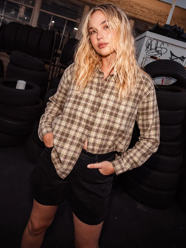 Super Bargain Plaid To Meet U 2 Long Sleeve Top - Army