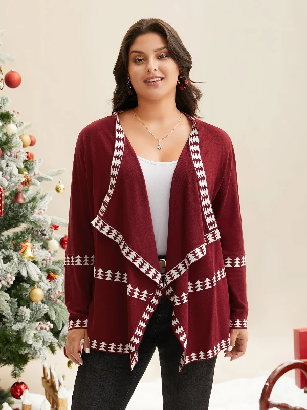 Deal of the Day Holiday Pattern Hem Lapel Collar Knit Cardigan