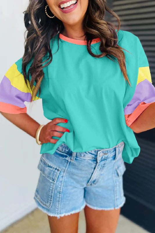 Weekend Extravaganza: Shop Now Light Blue Color Block Sleeve Round Neck Oversize Top Weekend Extravaganza: Shop Now Light Blue Color Block Sleeve Round Neck Oversize Top