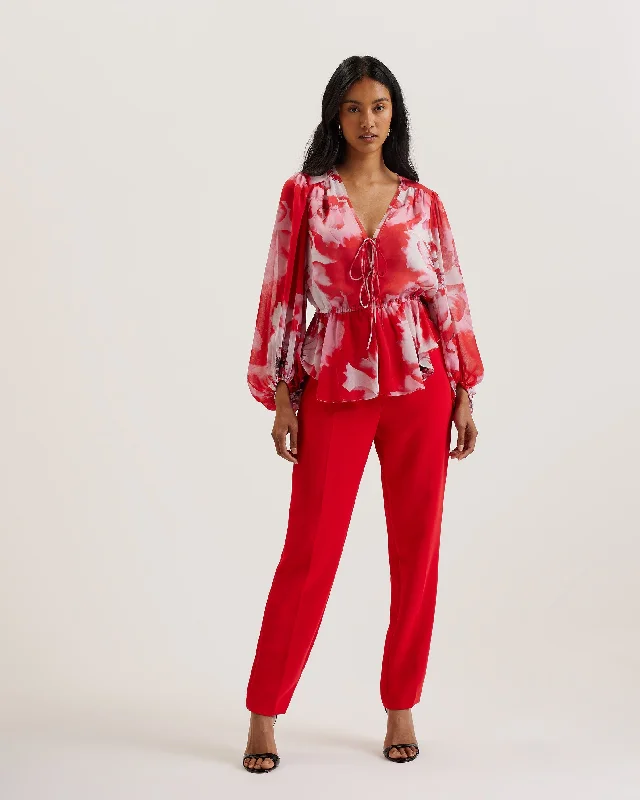 Extra Savings Aleria Printed Tie Front Balloon Sleeve Blouse Red