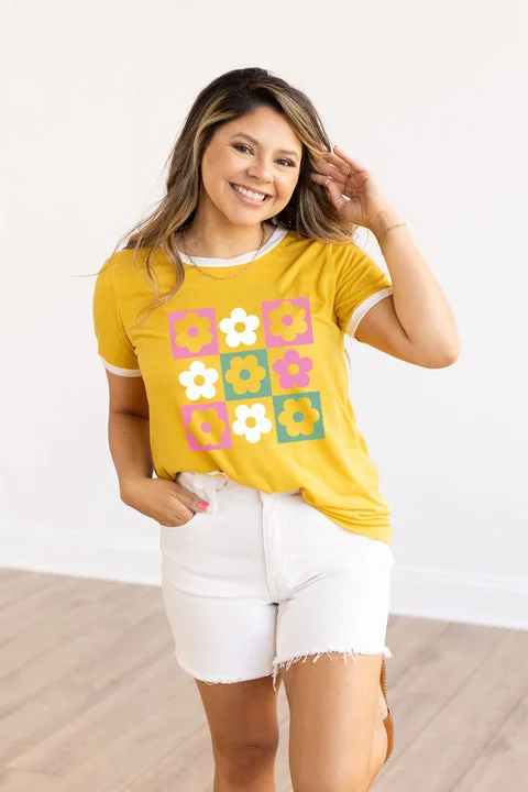 Final Markdown Checkered Flowers Ringer Tee, Mustard