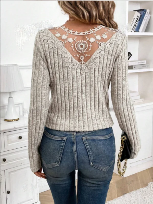 Markdown Sale Lace Detail V-Neck Long Sleeve T-Shirt
