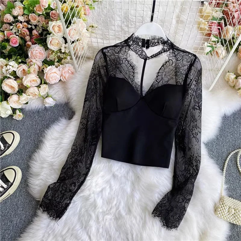 Weekend Discounts to Enjoy sexy see-through halter neck lace shirt for women      S3889