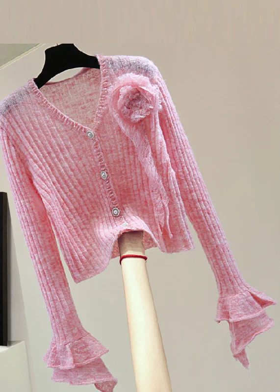 Value Deals Novelty Pink Ruffled Floral Nail Bead Cotton Knit Sweater Spring