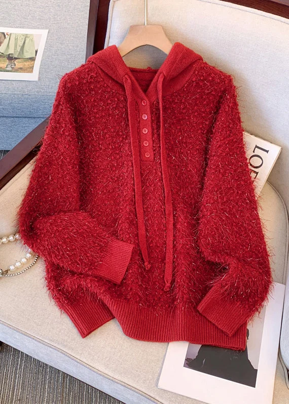 Special Price Women Red Hooded Thick Knit Sweater Tops Winter