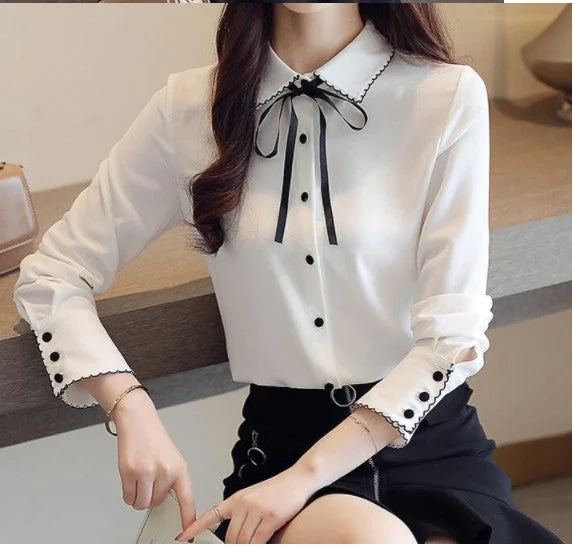 One-Day Only Cute Bow Knot White Long Sleeve Chiffon Blouse       S546