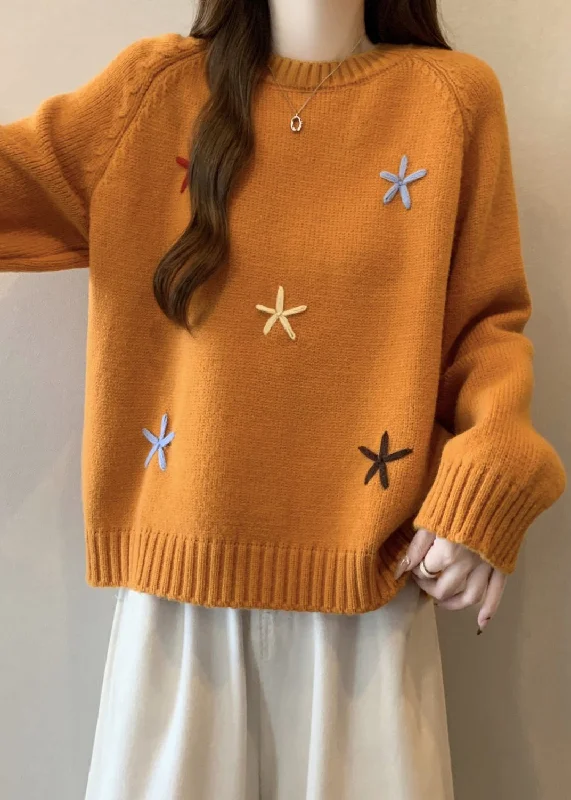 Discount Deals Stylish Yellow O Neck Thick Floral Knit Sweaters Winter
