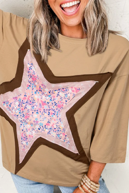 Price Slash Star Applique Patch Round Neck T-Shirt