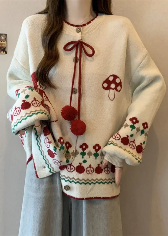 Final Offer Style Apricot O Neck Lace Up Jacquard Knit Cardigans Winter