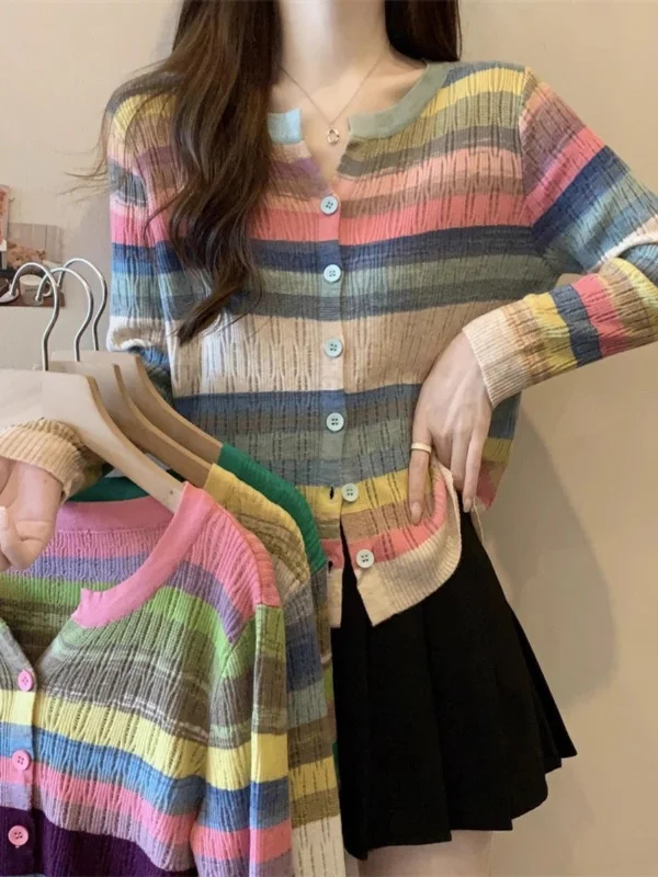 Special Price Plus size women's design rainbow patchwork striped T-shirt trendy     S3425