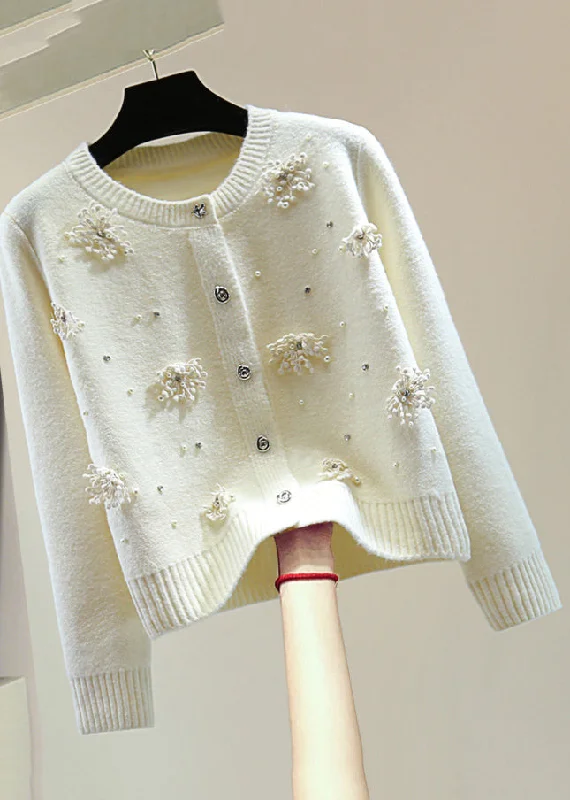 Act Now Original Design Apricot Floral Nail Bead Thick Cotton Knit Sweaters Winter