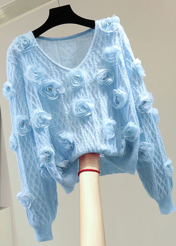 Weekend Price Cuts Galore French Blue O-Neck Floral Zircon Cotton Knit Sweater