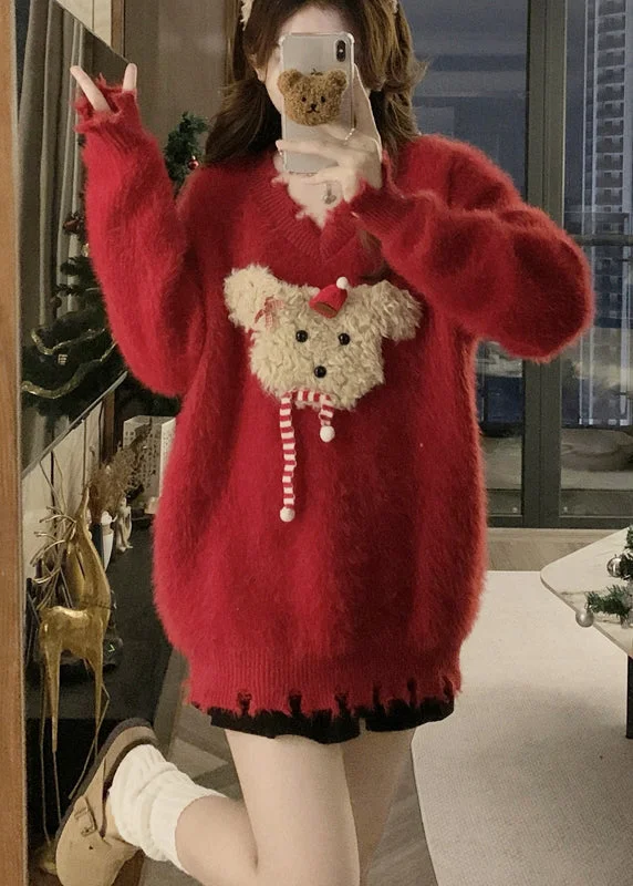 Major Savings Stylish Red V Neck Mink Hair Knitted Ripped Sweaters Winter