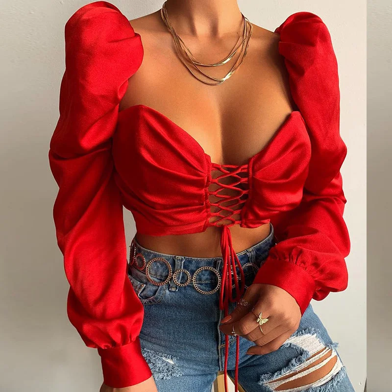 Can't Miss Sexy Lowcut Chest Wrap Lace-Up Tops Solid Color Long Sleeves Wholesale Crop Tops