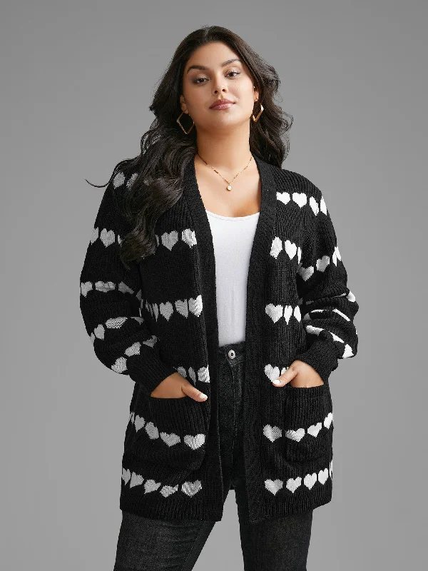 Deal Zone Heart Pattern Jacquard Patch Pocket Cardigan