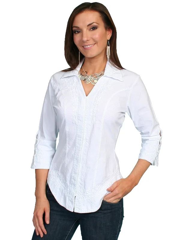 Holiday Sale Scully Cantina Collection Blouse White 100% Cotton Floral 3/4 Sleeve