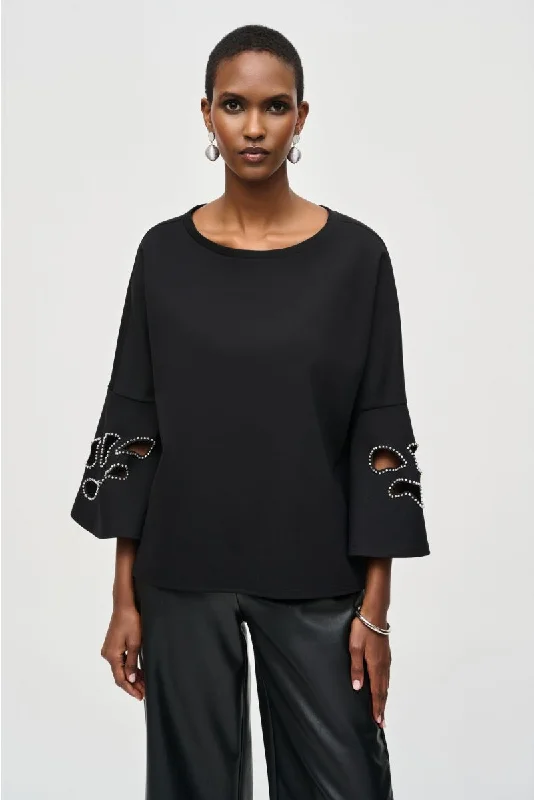 Special Offer Joseph Ribkoff Black Embellished Boat Neck Cut-Out 3/4 Sleeves Top 243150
