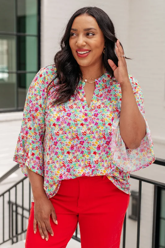 Final Markdown Lizzy Bell Sleeve Top in Lavender Multi Floral