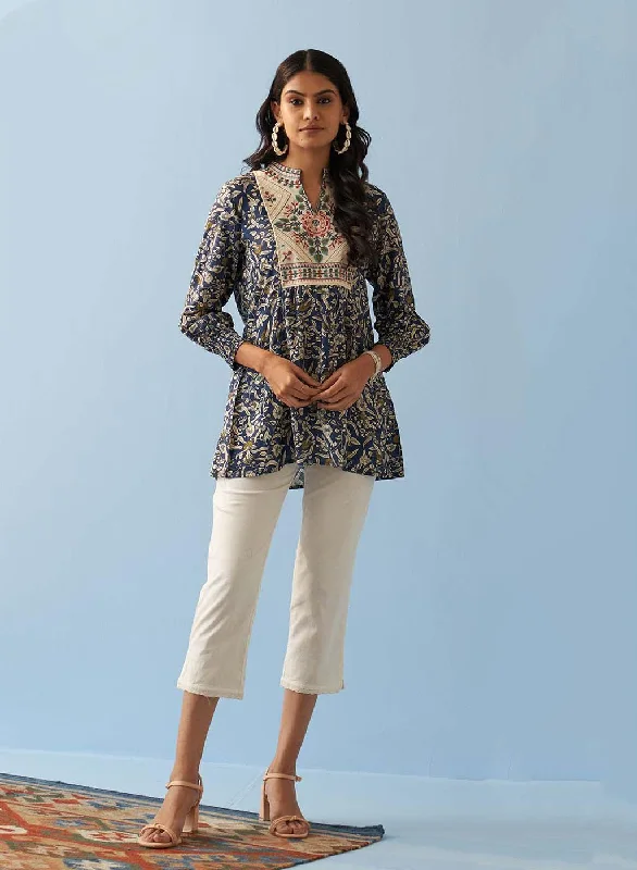 Bargain Bin Navy Blue Multi Color Printed Short Tunic with Yoke Embroidery