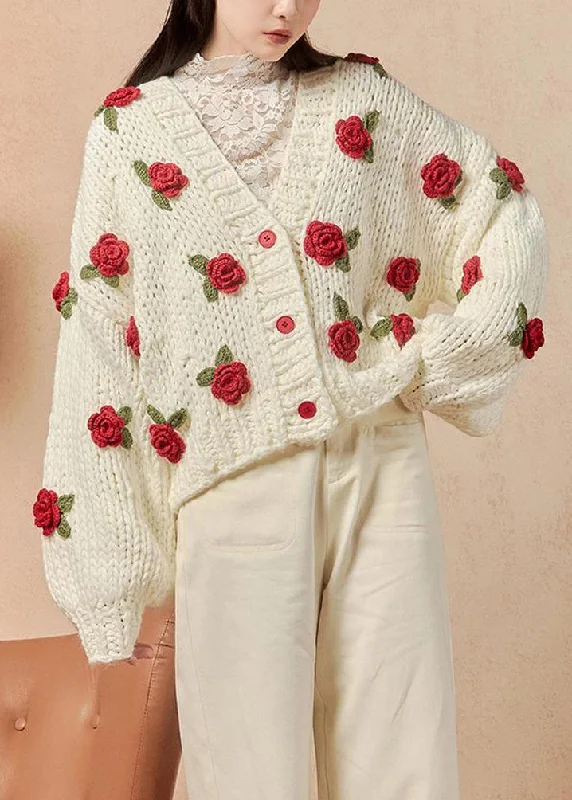 Weekend Deals That Thrill Floral White V Neck Hollow Out Cotton Knit Cardigans Spring