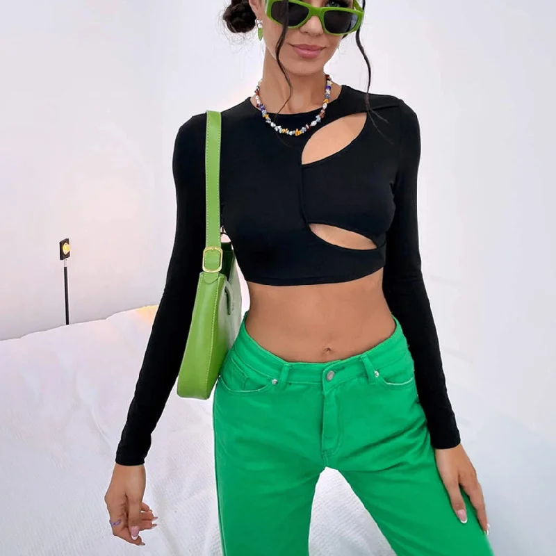 Exclusive Preview Sexy Cutout Solid Color Long Sleeve Slim Wholesale Crop Tops