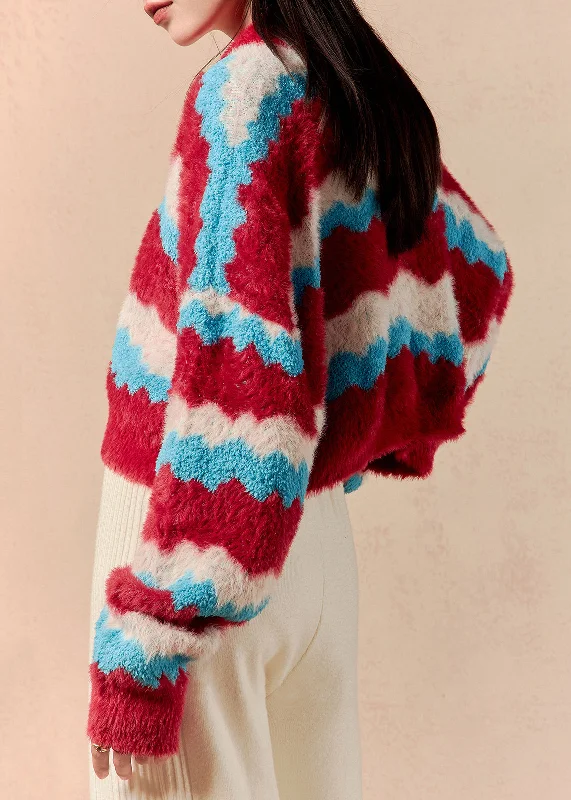 Steals and Deals Chic Striped V Neck Cozy Mink Hair Knitted Short Sweaters Winter