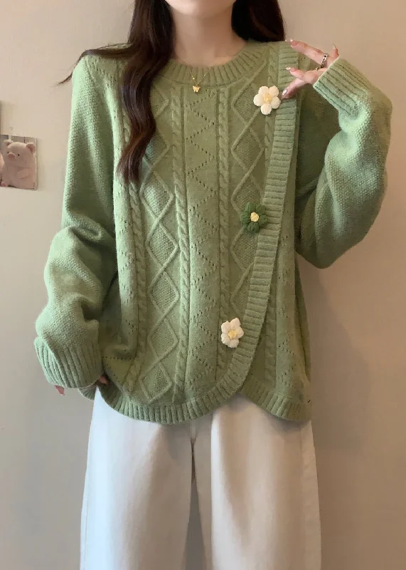 Price Buster Stylish Green O Neck Asymmetrical Floral Knit Sweaters Winter