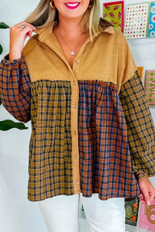 Weekend Specials You Can't Miss Khaki Yellow Plaid Frill Trim Lantern Sleeve Babydoll Shirt