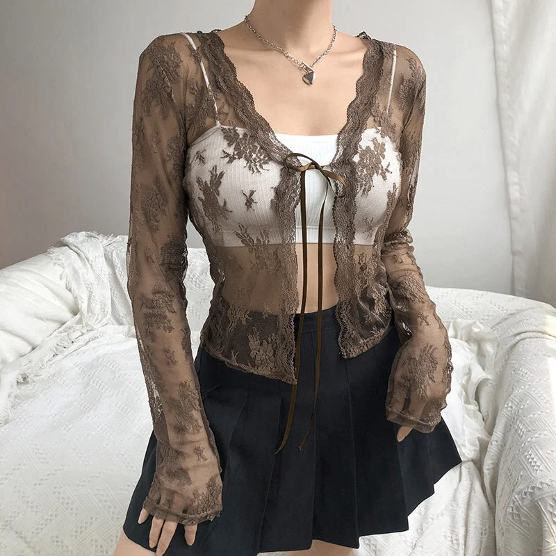 Sale Event Women Sexy See Through Long Sleeve Lace Mesh Vintage Tie Up Floral Crop Tops Cardigans    S2509
