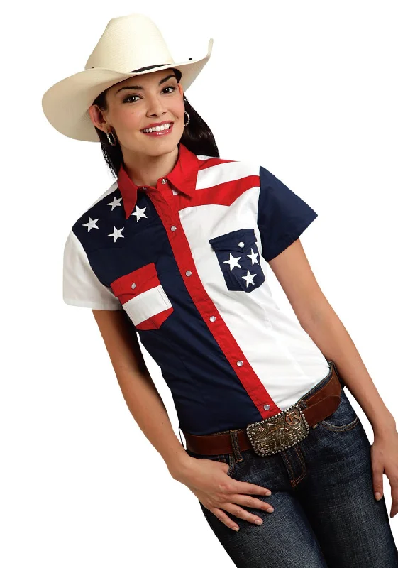 Weekend Special Roper Americana Ladies Blue 100% Cotton Colorblock S/S Flag Western Shirt