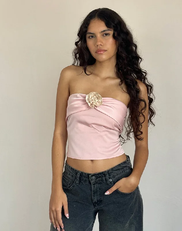 Price Drop Alert Astrum Satin Bandeau Top in Pink with Ivory Rose