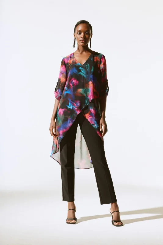 Discount Mania Joseph Ribkoff Black/Multi Abstract Print High Low Chiffon Tunic Top 243768